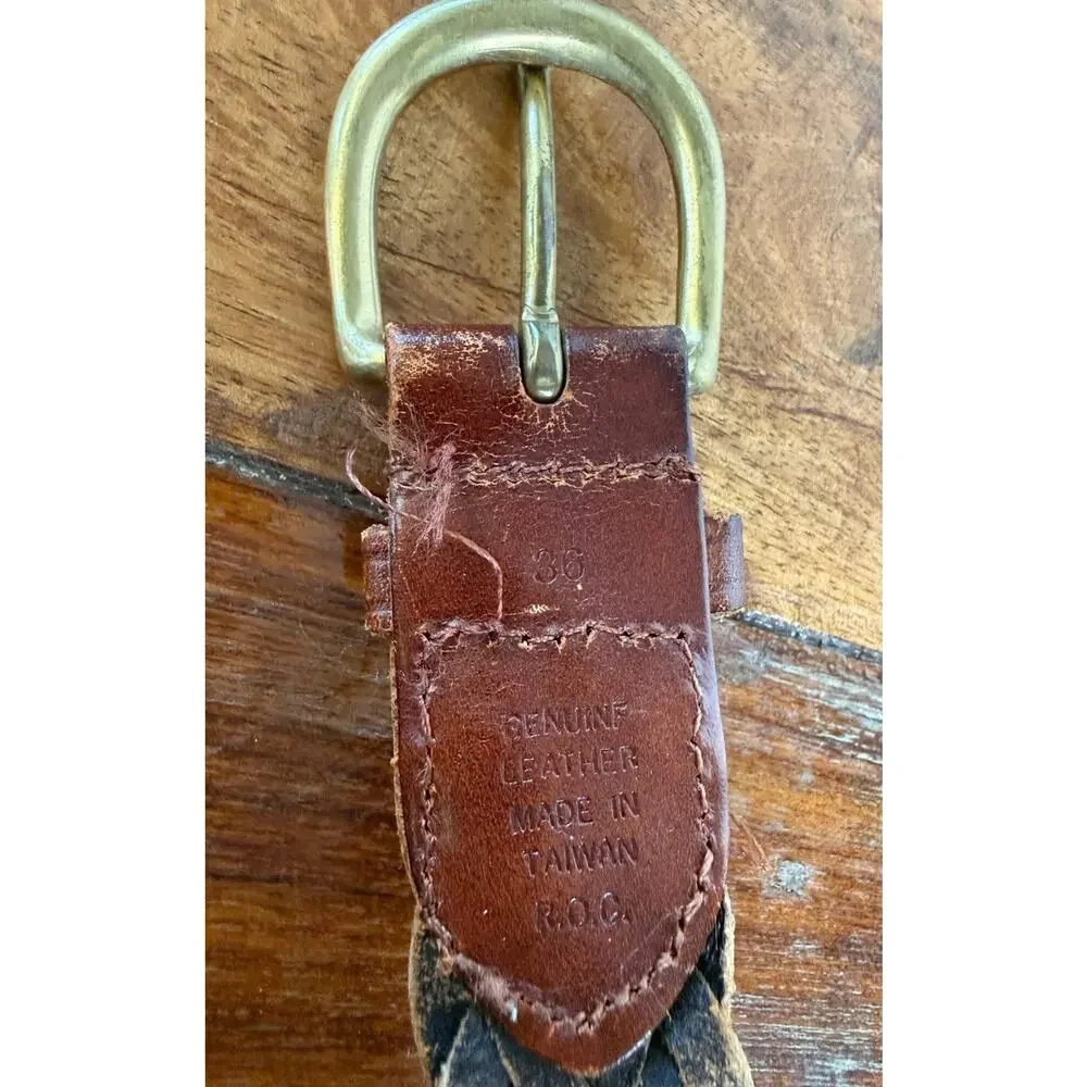 Vintage Brown Genuine Leather Braided Belt Size 36 Brass Buckle Boho Western